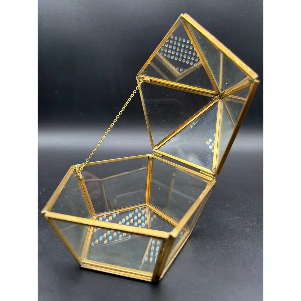 Vintage Brass Glass Pentagon Trinket Box Hinged Jewelry Case Terrarium 6.5